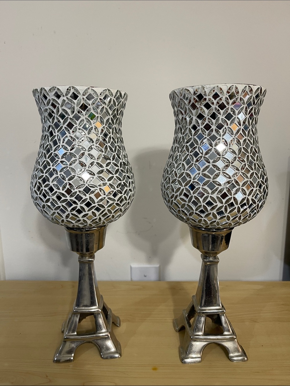 Silver Mosaic Glass Hurricane Candle Holders - Pair